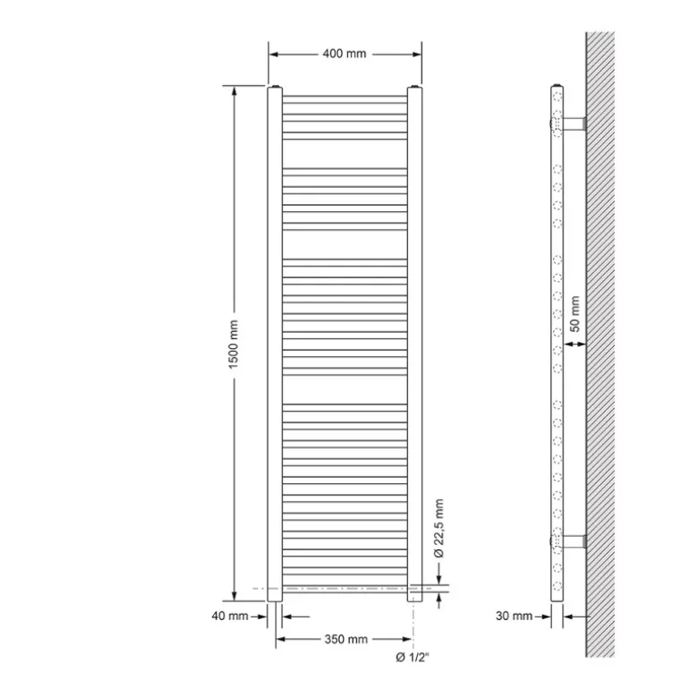 Elektrischer Badheizkörper mit Heizstab 900W 400x1500 mm Chrome gerade Seitenanschluss & Thermostat LuxeBath