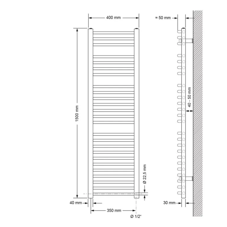 Elektrischer Badheizkörper mit Heizstab 900W 400x1500 mm Weiß gebogen mit Seitenanschluss & Thermostat Digitalanzeige LuxeBath