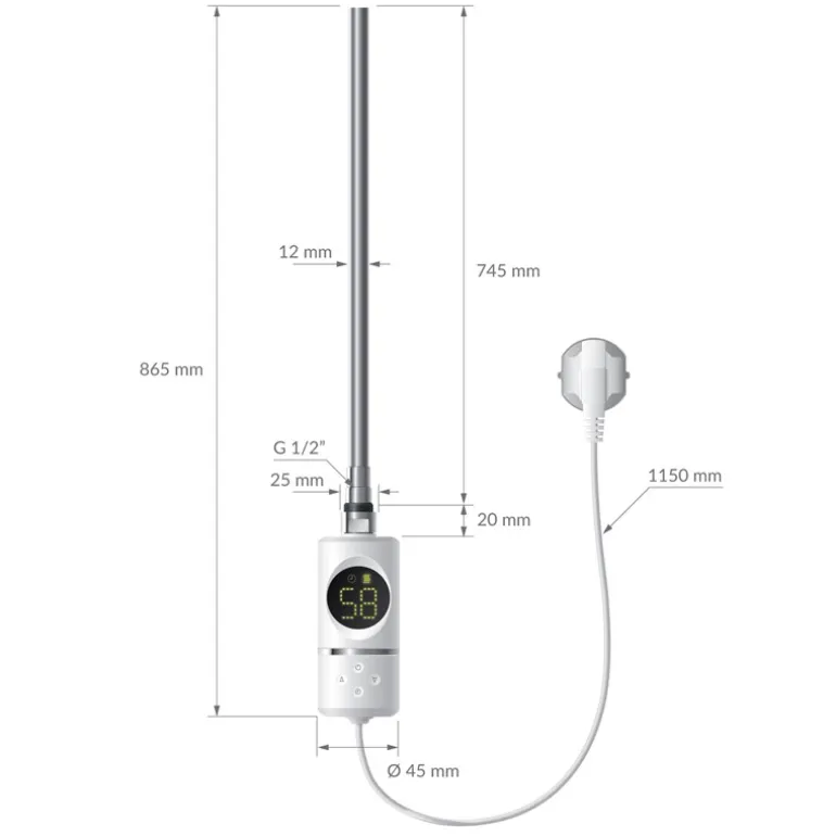 Elektrischer Badheizkörper mit Heizstab 900W 400x1500 mm Weiß gebogen mit Seitenanschluss & Thermostat Digitalanzeige LuxeBath
