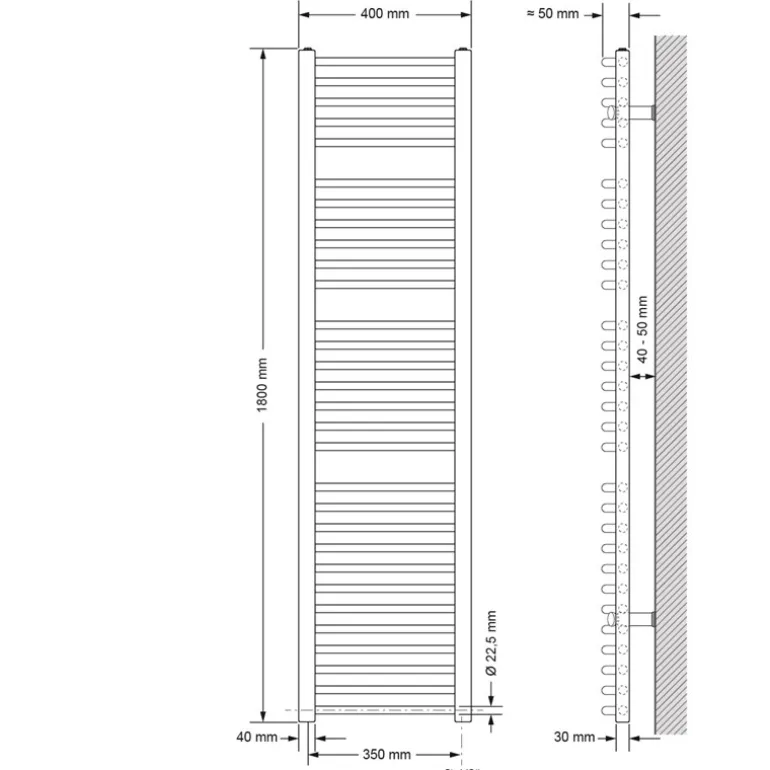 Elektrischer Badheizkörper mit Heizstab 900W 400x1800 mm Chrom gebogen mit Seitenanschluss