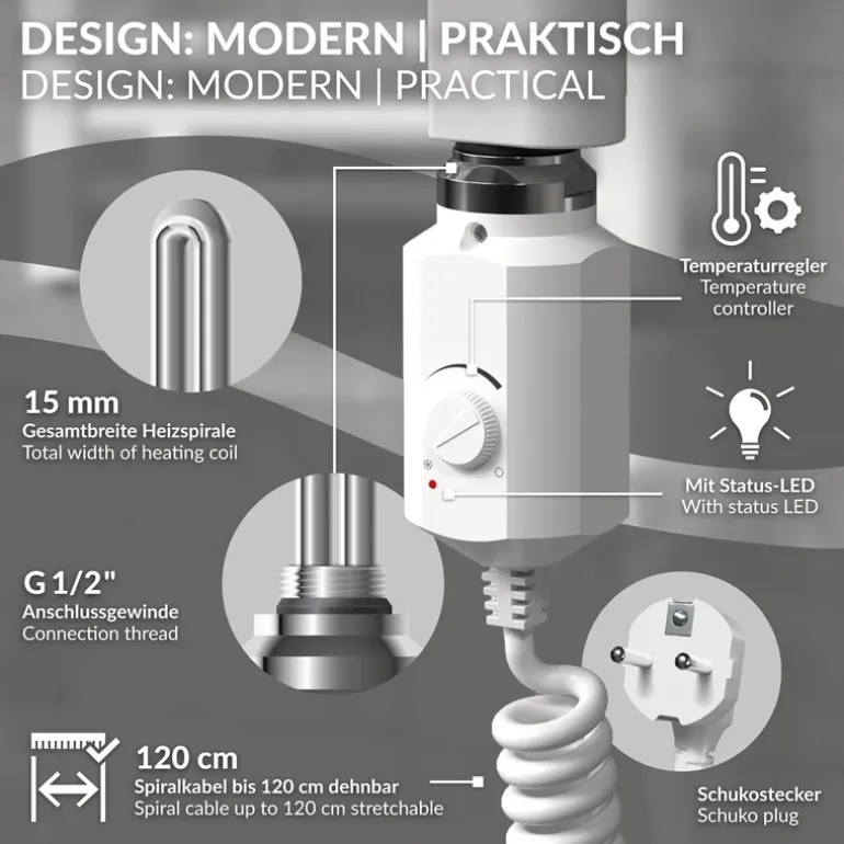 Elektrischer Badheizkörper mit Heizstab 900W 500x1200 mm Weiß gebogen mit Seitenanschluss LuxeBath