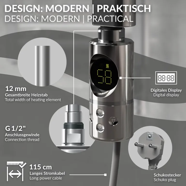Elektrischer Badheizkörper mit Heizstab 600W 300x800 mm Chrome gerade Seitenanschluss & Thermostat Digitalanzeige LuxeBath