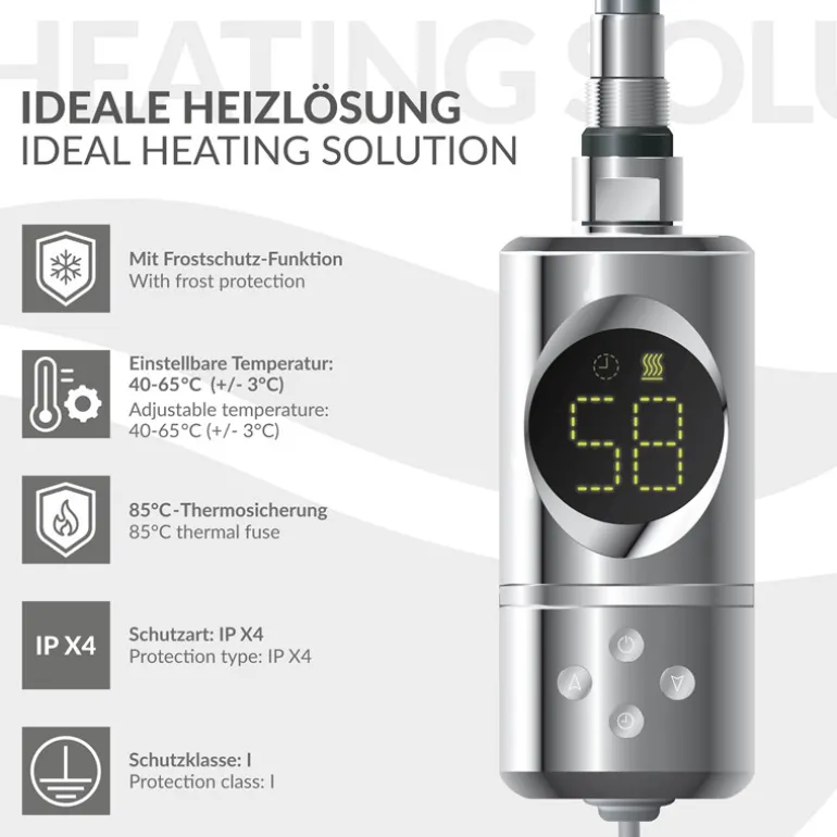 Elektrischer Badheizkörper mit Heizstab 600W 300x800 mm Chrome gerade Seitenanschluss & Thermostat Digitalanzeige LuxeBath