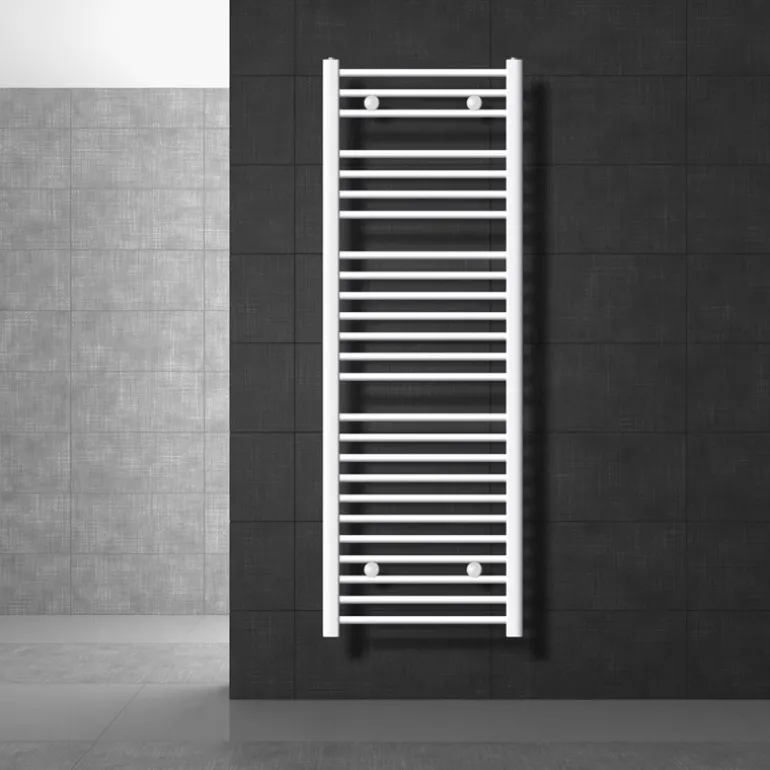Elektrischer Badheizkörper mit Heizstab 900W 500x1500 mm Weiß gebogen mit Seitenanschluss & Thermostat Digitalanzeige LuxeBath