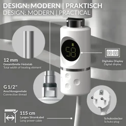 Elektrischer Badheizkörper mit Heizstab 900W 500x1500 mm Weiß gebogen mit Seitenanschluss & Thermostat Digitalanzeige LuxeBath