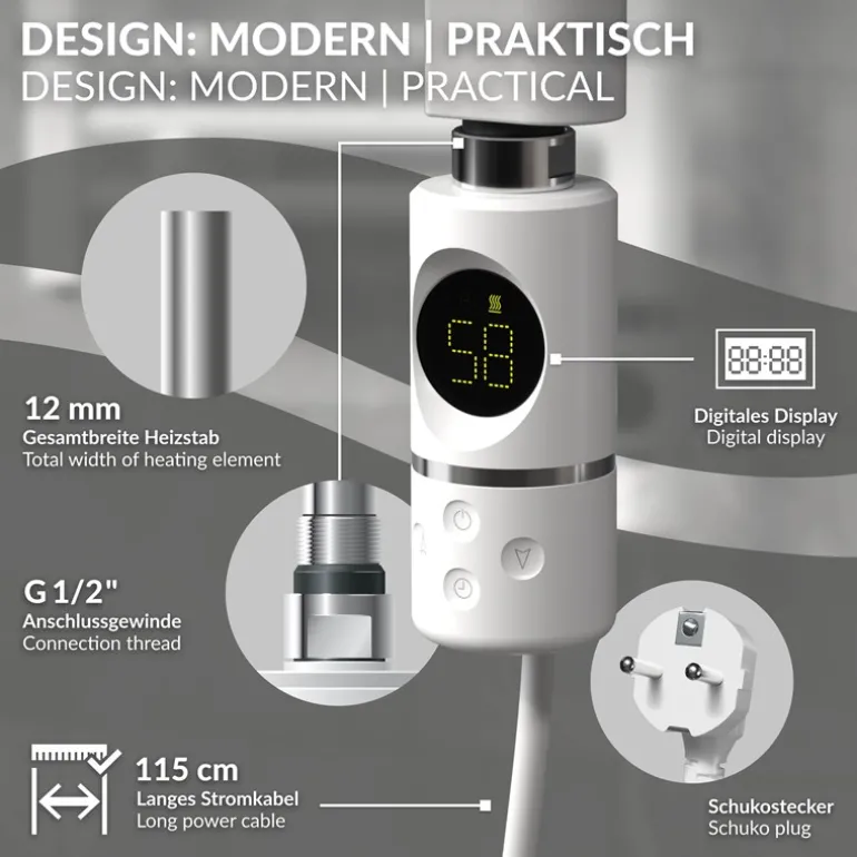 Elektrischer Badheizkörper mit Heizstab 900W 500x1800 mm Weiß gebogen mit Seitenanschluss & Thermostat Digitalanzeige LuxeBath