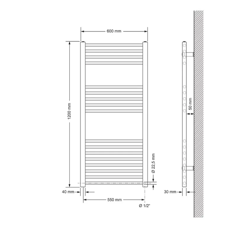 Elektrischer Badheizkörper mit Heizstab 900W 600x1200 mm Weiß gerade mit Seitenanschluss LuxeBath