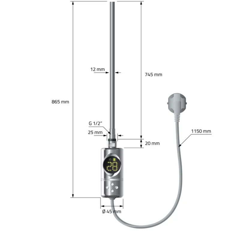 Elektrischer Badheizkörper mit Heizstab 900W 600x1800 mm Chrome gerade Seitenanschluss & Thermostat Digitalanzeige LuxeBath