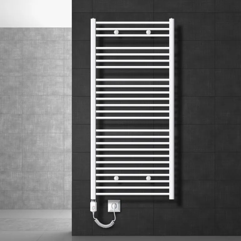 Elektrischer Badheizkörper mit Heizstab 900W 750x1500 mm Weiß gerade Seitenanschluss LuxeBath