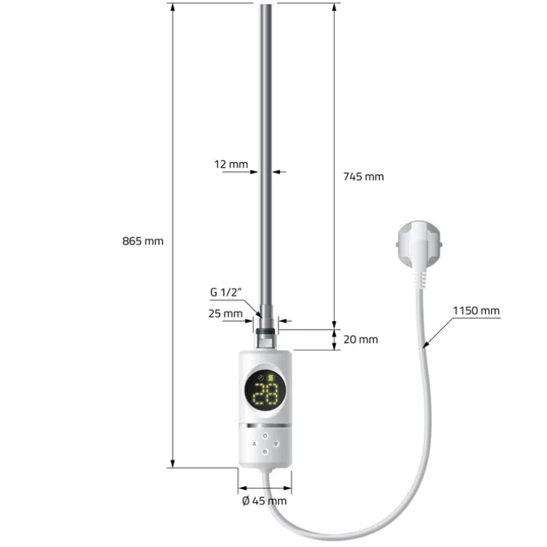 Elektrischer Badheizkörper mit Heizstab 900W 750x1800 mm Weiß gebogen mit Seitenanschluss LuxeBath