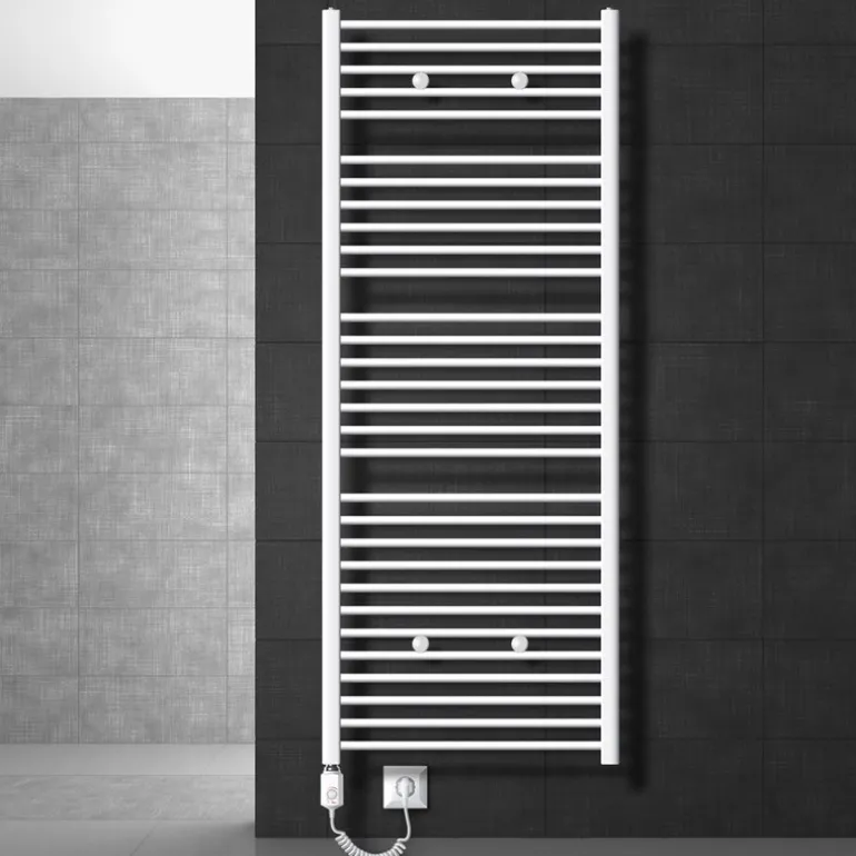Elektrischer Badheizkörper mit Heizstab 900W 750x1800 mm Weiß gebogen Seitenanschluss LuxeBath
