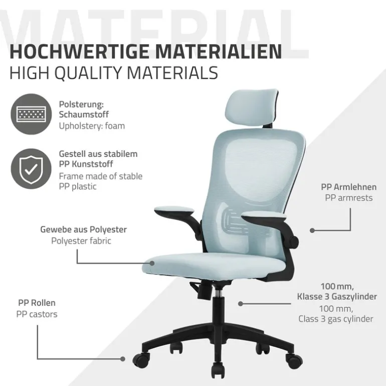Ergonomischer Bürostuhl Blau Netzgewebe mit verstellbarer Kopfstütze und Rollen ML-Design