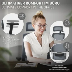 Ergonomischer Bürostuhl Grau Netzgewebe mit verstellbaren Armlehnen und Kopfstütze ML-Design