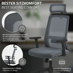 Ergonomischer Bürostuhl Grau Netzgewebe mit verstellbaren Armlehnen und Kopfstütze ML-Design