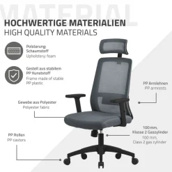 Ergonomischer Bürostuhl Grau Netzgewebe mit verstellbaren Armlehnen und Kopfstütze ML-Design