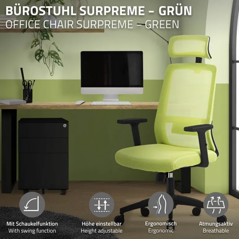 Ergonomischer Bürostuhl Grün Netzgewebe mit verstellbaren Armlehnen und Kopfstütze ML-Design