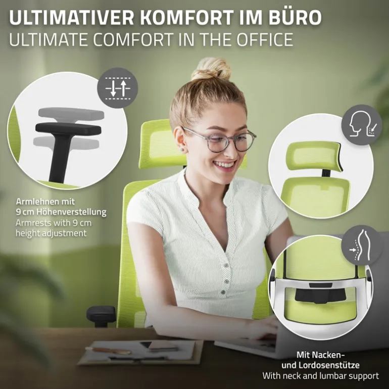 Ergonomischer Bürostuhl Grün Netzgewebe mit verstellbaren Armlehnen und Kopfstütze ML-Design
