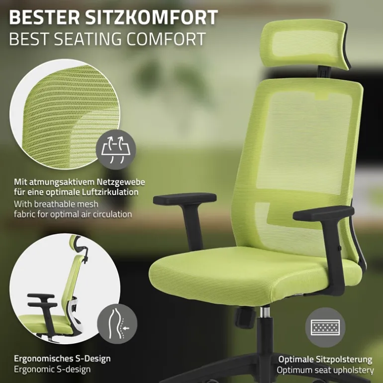 Ergonomischer Bürostuhl Grün Netzgewebe mit verstellbaren Armlehnen und Kopfstütze ML-Design