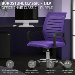 Ergonomischer Bürostuhl mit Armlehnen Netzgewebe Lila mit Rollen ML-Design