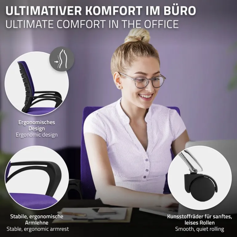 Ergonomischer Bürostuhl mit Armlehnen Netzgewebe Lila mit Rollen ML-Design