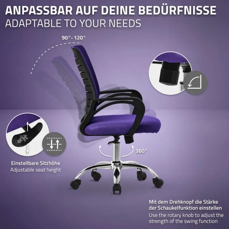 Ergonomischer Bürostuhl mit Armlehnen Netzgewebe Lila mit Rollen ML-Design