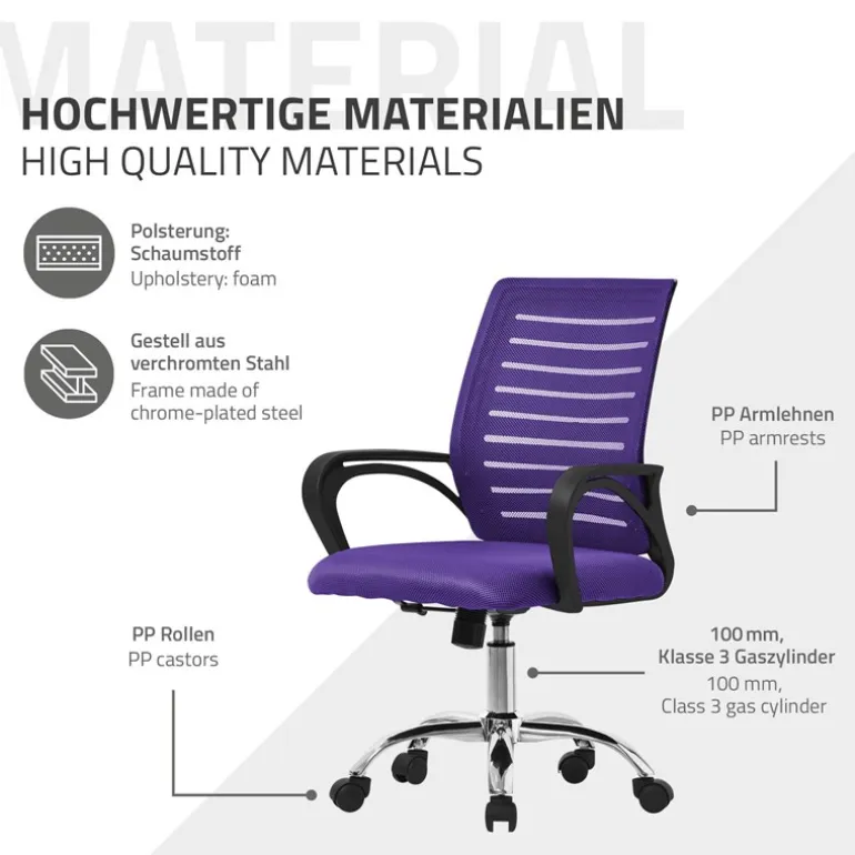 Ergonomischer Bürostuhl mit Armlehnen Netzgewebe Lila mit Rollen ML-Design
