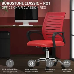 Ergonomischer Bürostuhl mit Armlehnen Netzgewebe Rot mit Rollen ML-Design