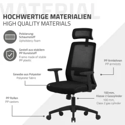 Ergonomischer Bürostuhl Schwarz Netzgewebe mit verstellbaren Armlehnen und Kopfstütze ML-Design