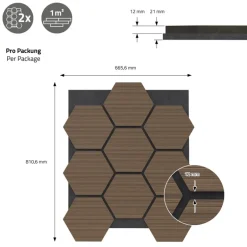 2er Set Akustikpaneele für 1m² Braun Wandpaneele Hexagon Schallabsorber Schalldämmung ML-Design