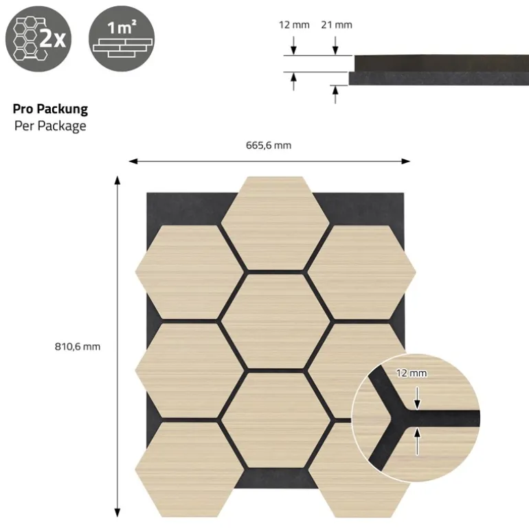 2er Set Akustikpaneele für 1m² Eiche Wandpaneele Hexagon Schalldämmung ML-Design