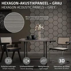 2er Set Akustikpaneele für 1m² Grau Wandpaneele Hexagon Schallabsorber Schalldämmung ML-Design