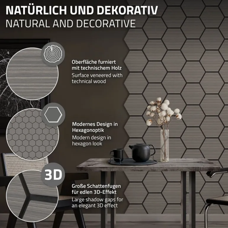 2er Set Akustikpaneele für 1m² Grau Wandpaneele Hexagon Schallabsorber Schalldämmung ML-Design