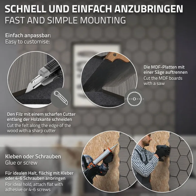 2er Set Akustikpaneele für 1m² Grau Wandpaneele Hexagon Schallabsorber Schalldämmung ML-Design