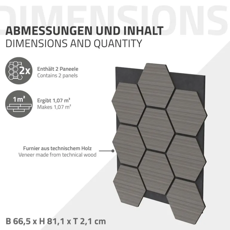 2er Set Akustikpaneele für 1m² Grau Wandpaneele Hexagon Schallabsorber Schalldämmung ML-Design