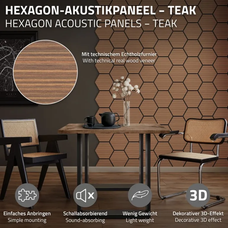 2er Set Akustikpaneele für 1m² Teak Wandpaneele Hexagon Schallabsorber Schalldämmung ML-Design