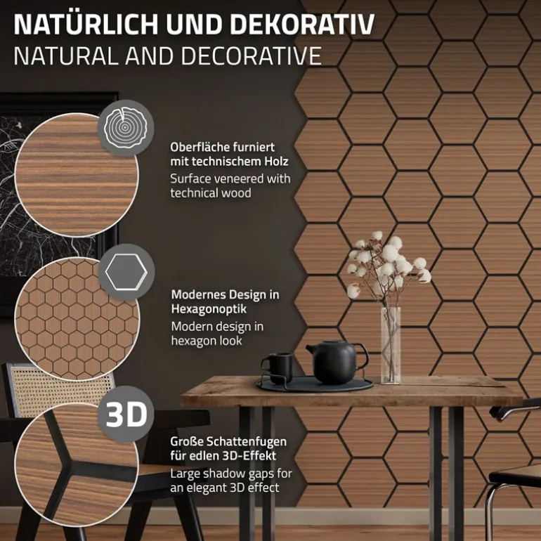 2er Set Akustikpaneele für 1m² Teak Wandpaneele Hexagon Schallabsorber Schalldämmung ML-Design