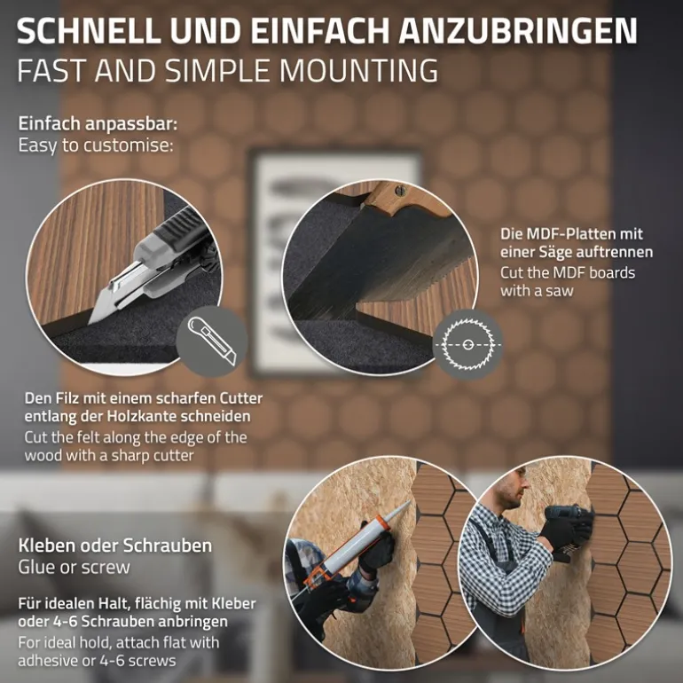 2er Set Akustikpaneele für 1m² Teak Wandpaneele Hexagon Schallabsorber Schalldämmung ML-Design