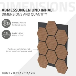 2er Set Akustikpaneele für 1m² Teak Wandpaneele Hexagon Schallabsorber Schalldämmung ML-Design