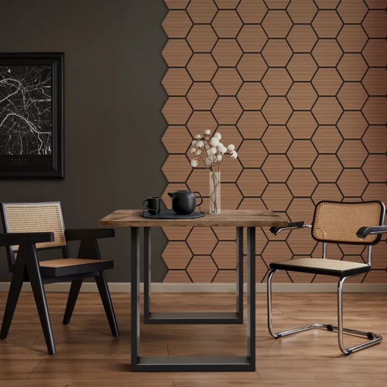 2er Set Akustikpaneele für 1m² Teak Wandpaneele Hexagon Schallabsorber Schalldämmung ML-Design