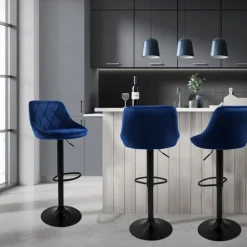 2er Set Barhocker 2x Blau Samtbezug mit Rückenlehne und Fußstütze höhenverstellbar 62-82cm ML-Design
