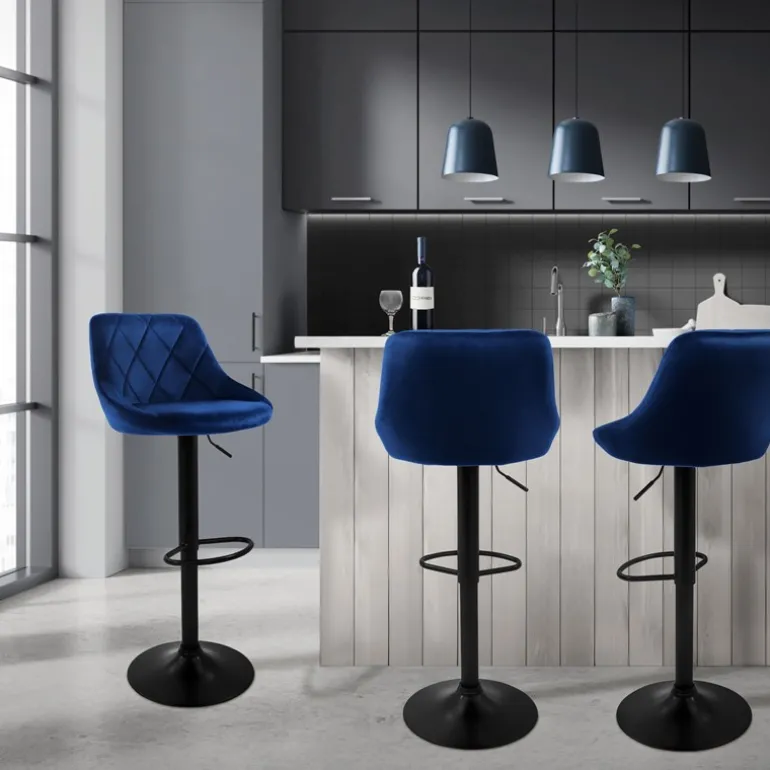2er Set Barhocker 2x Blau Samtbezug mit Rückenlehne und Fußstütze höhenverstellbar 62-82cm ML-Design