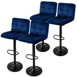 2er Set Barhocker 2x Blau Samtbezug mit RĂŒckenlehne und FuĂstĂŒtze höhenverstellbar 63-83cm ML-Design
