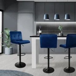 2er Set Barhocker 2x Blau Samtbezug mit Rückenlehne und Fußstütze höhenverstellbar 63-83cm ML-Design