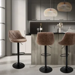 2er Set Barhocker 2x Braun Kunstlederbezug mit Rückenlehne und Fußstütze höhenverstellbar 62-82 cm ML-Design