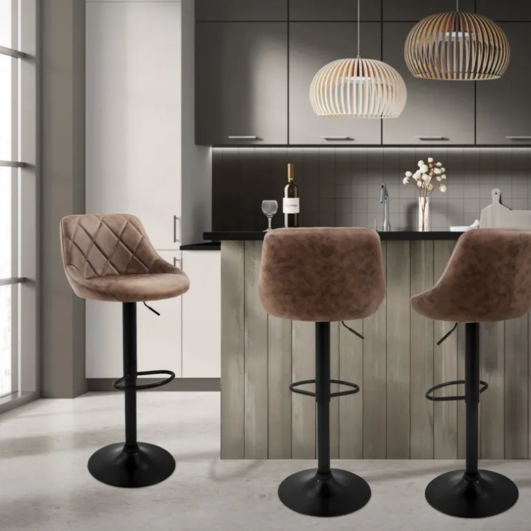 2er Set Barhocker 2x Braun Kunstlederbezug mit Rückenlehne und Fußstütze höhenverstellbar 62-82 cm ML-Design