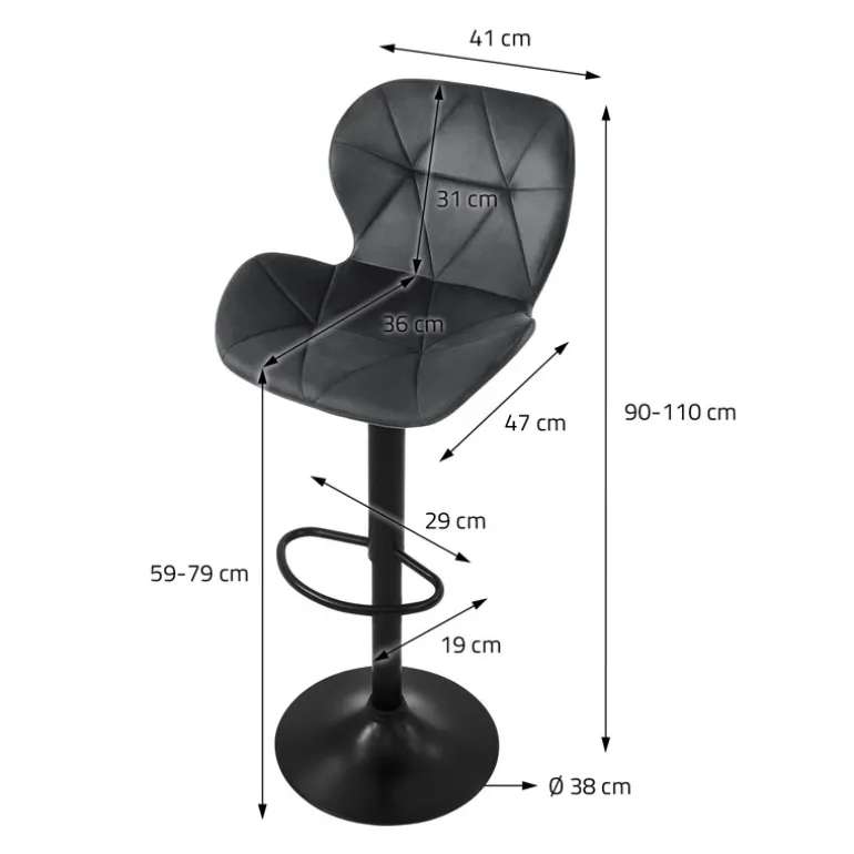 2er Set Barhocker 2x Grau Samtbezug mit Rückenlehne und Fußstütze höhenverstellbar 59-79cm ML-Design