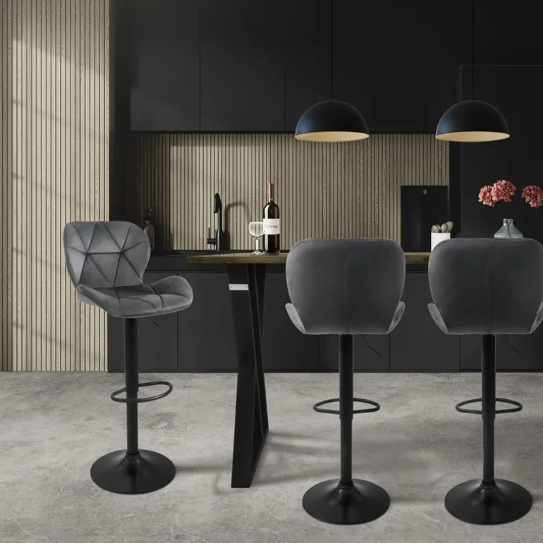 2er Set Barhocker 2x Grau Samtbezug mit Rückenlehne und Fußstütze höhenverstellbar 59-79cm ML-Design