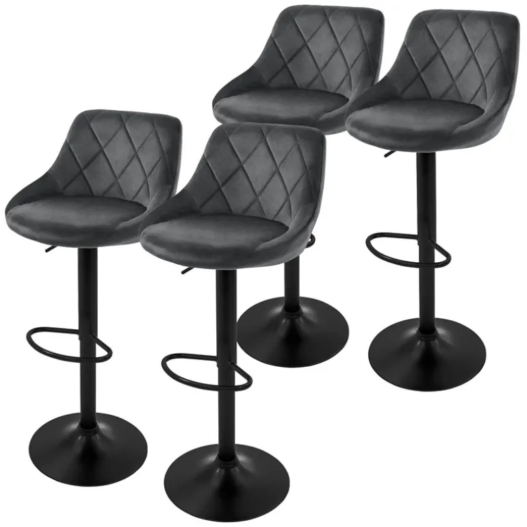 2er Set Barhocker 2x Grau Samtbezug mit Rückenlehne und Fußstütze höhenverstellbar 62-82cm ML-Design