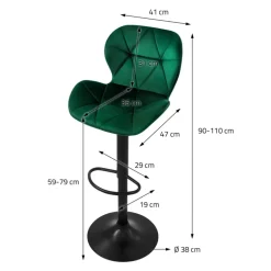 2er Set Barhocker 2x Grün Samtbezug mit Rückenlehne und Fußstütze höhenverstellbar 59-79cm ML-Design