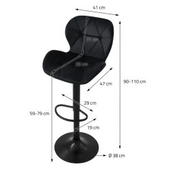 2er Set Barhocker 2x Schwarz Samtbezug mit Rückenlehne und Fußstütze höhenverstellbar 59-79cm ML-Design